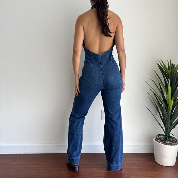 Free People Denim Jumpsuit 8 Blue Flared Halter One Piece Low Back 70s Retro - Picture 3 of 11